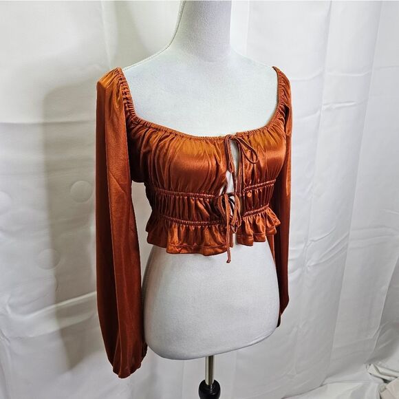 Forever 21 Chestnut Brown Satin Puff Sleeve Tie Front Crop Top Size Medium - Picture 3 of 10